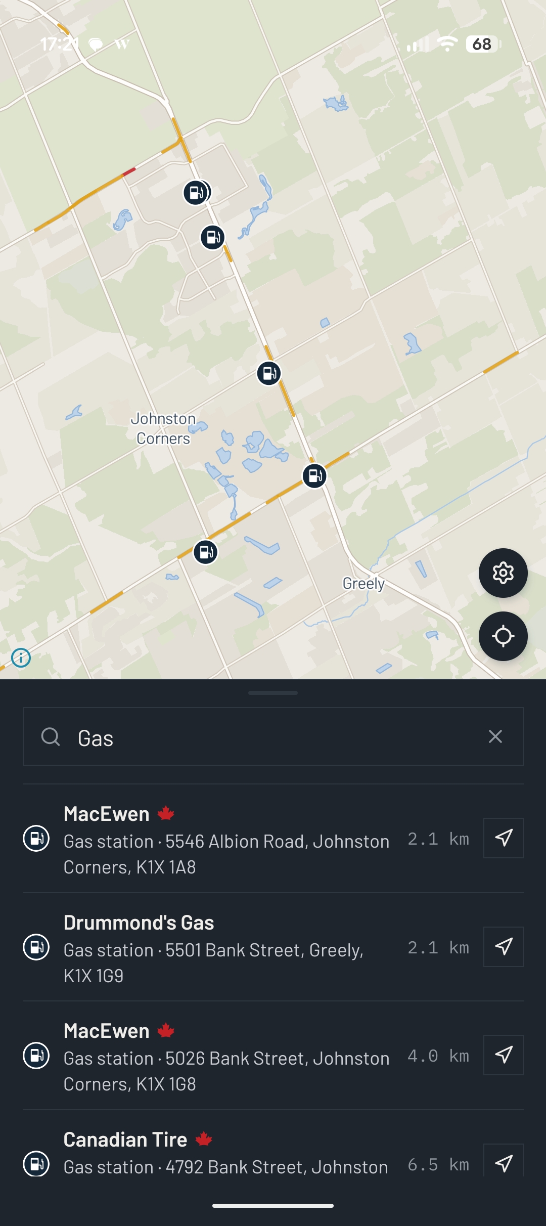 Map showing gas station locations
