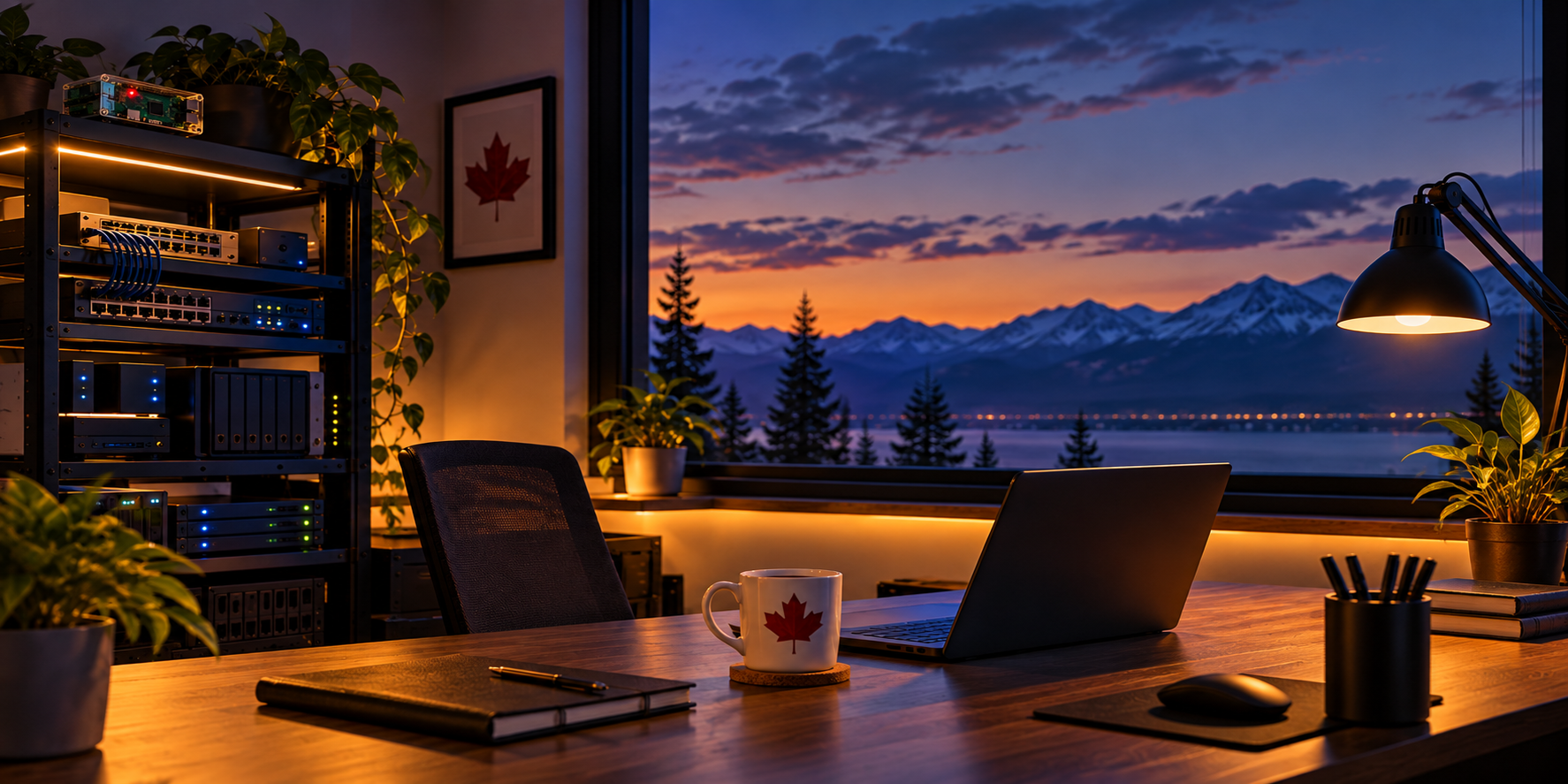 Home office workspace with computer and networking equipment