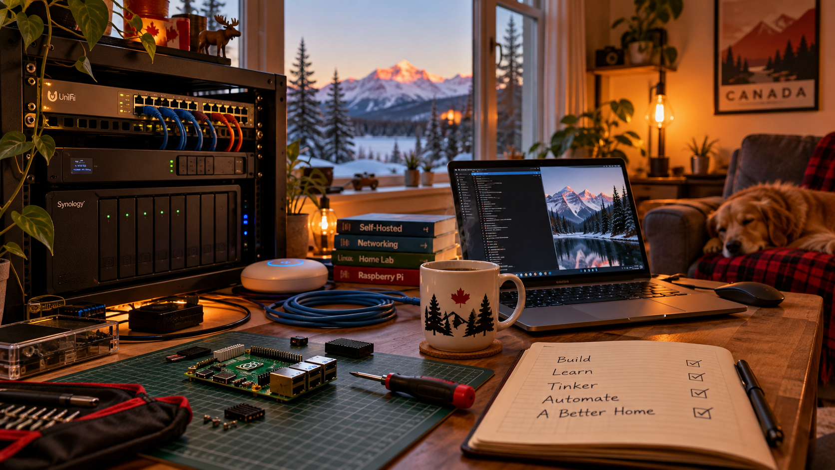 Canadian home office with networking equipment, home server and DIY technology projects.