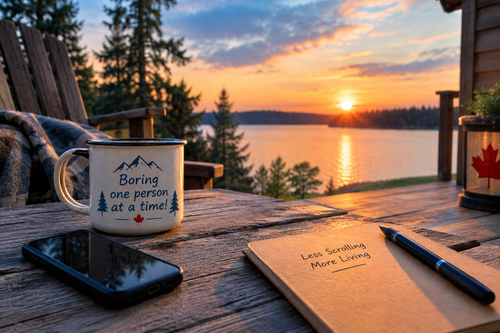 Rustic Canadian lakeside deck at sunset with a smartphone, notebook, and mug reading “Boring one person at a time!” on a wooden table.