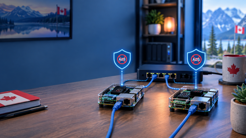 Two Raspberry Pi Pi-hole DNS servers protecting a Canadian home network from ads and tracking