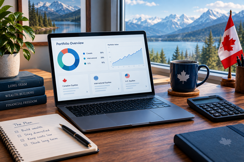 Canadian investment portfolio displayed on a laptop beside a calculator and Canadian maple leaf
