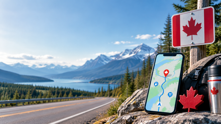 Canadian smartphone displaying a navigation map beside a maple leaf sign on a scenic Canadian mountain highway.